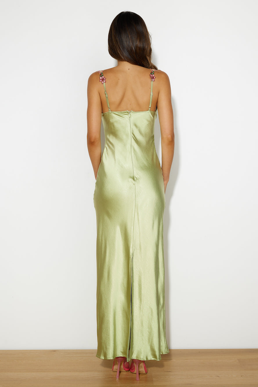 Green Satin Maxi Dress – Floral Chain Detail Evening Gown | Meave & Ivy