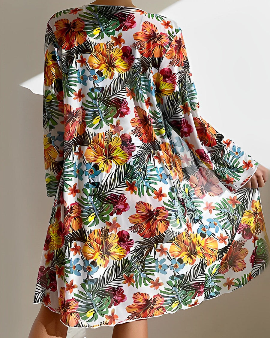 Tropical Floral Tie Front Bikini & Kimono Cover Up Set