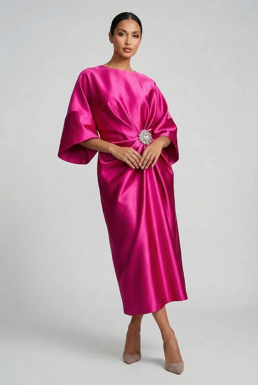 Satin Batwing Jewel Midi Dress - Elegant Wedding Guest Dress | Meave & Ivy
