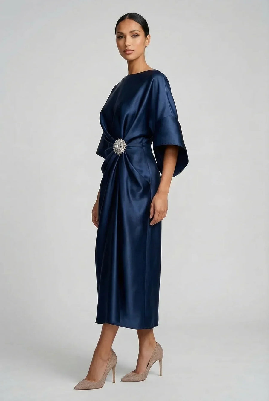 Satin Batwing Jewel Midi Dress - Elegant Wedding Guest Dress | Meave & Ivy