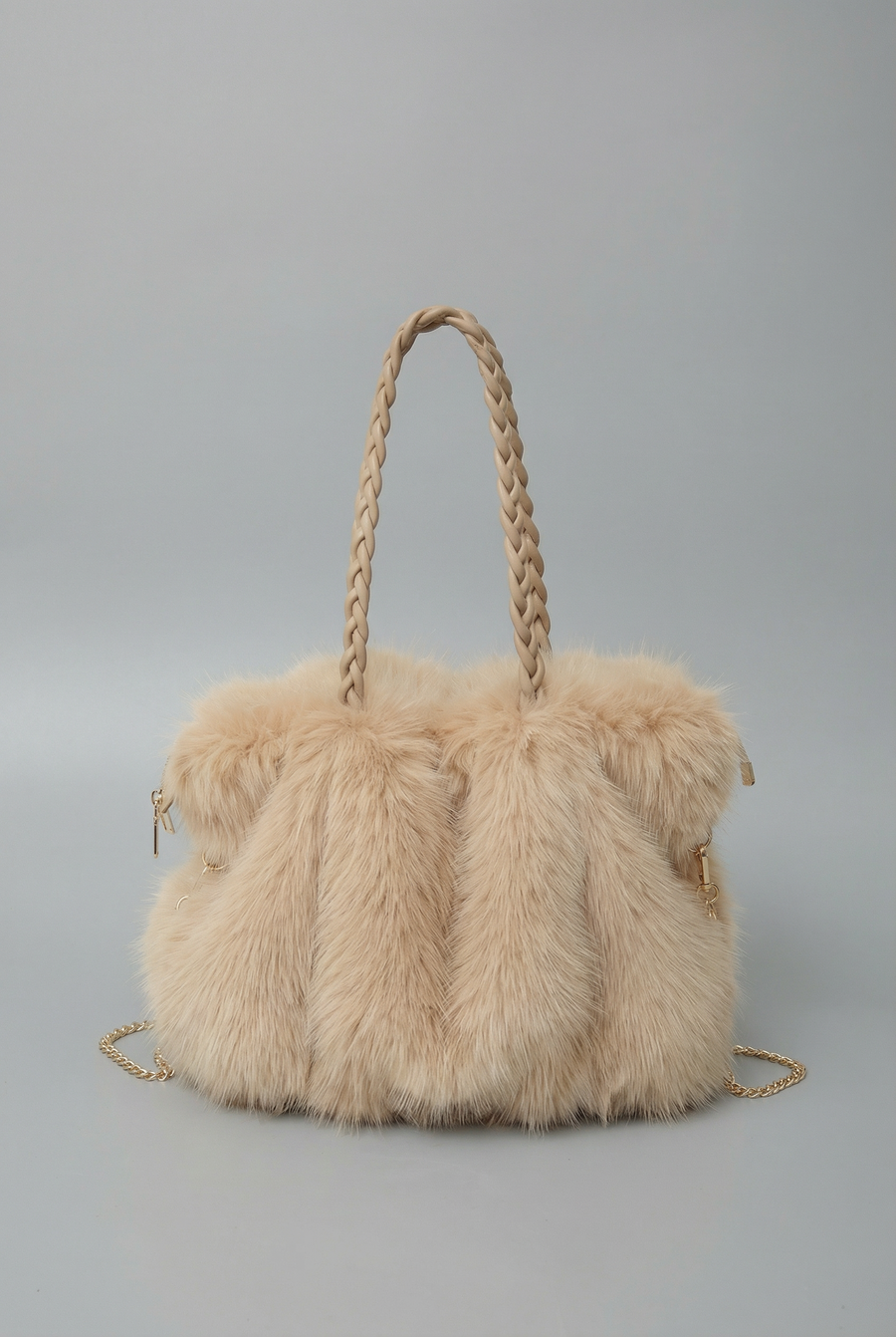 Plush Velvet Faux Fur Shoulder Bag - Braided Handle Handbag | Meave & Ivy