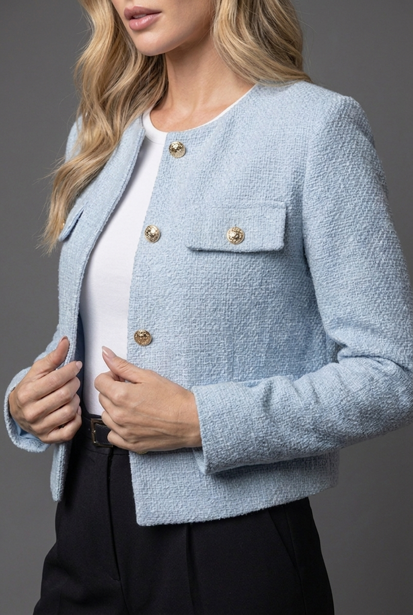 Tweed Cropped Blazer Jacket - Round Neck Smart Occasion Wear | Meave & Ivy