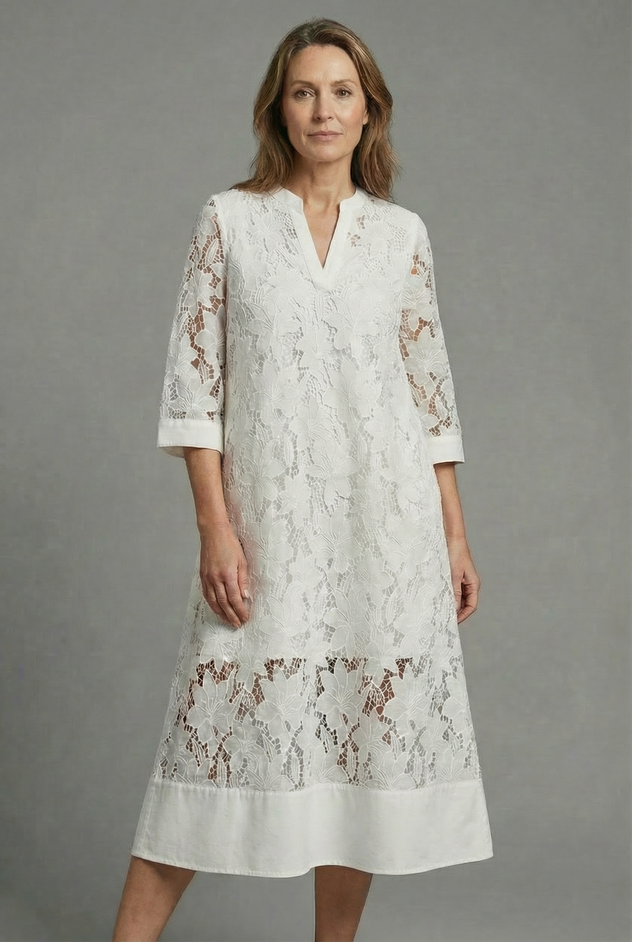 Embroidered Lace Detail Midi Dress - Relaxed Elegant Everyday Fit | Meave & Ivy