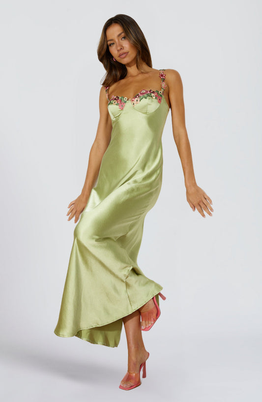 Green Satin Maxi Dress – Floral Chain Detail Evening Gown | Meave & Ivy