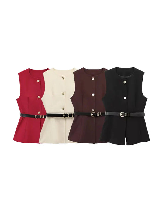 Gold Button Longline Waistcoat – Belted Statement Vest | Meave & Ivy