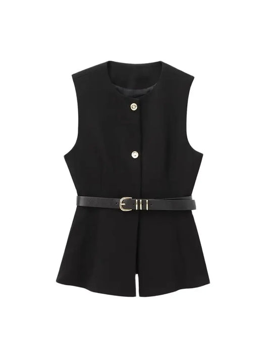 Gold Button Longline Waistcoat – Belted Statement Vest | Meave & Ivy