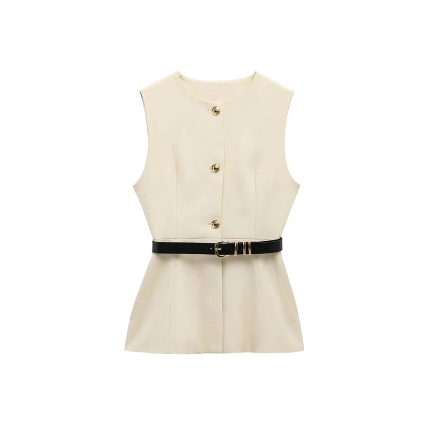 Gold Button Longline Waistcoat – Belted Statement Vest | Meave & Ivy