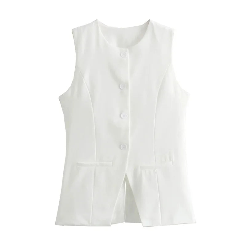 Sleeveless Tailored Vest – Summer Suiting Button Waistcoat | Meave & Ivy