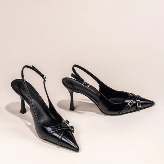 Black Pointed Stiletto Court Shoe – Buckle Strap Heel | Meave & Ivy