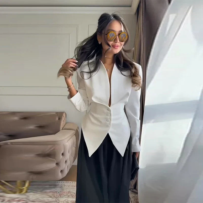 Ivory Pleated Blazer Jacket – Elegant Lace-Up Tailoring | Meave & Ivy