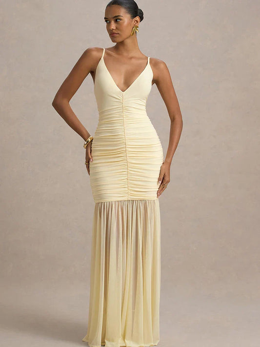 Yellow Patchwork Maxi Dress – V-Neck Backless Summer Gown | Meave & Ivy