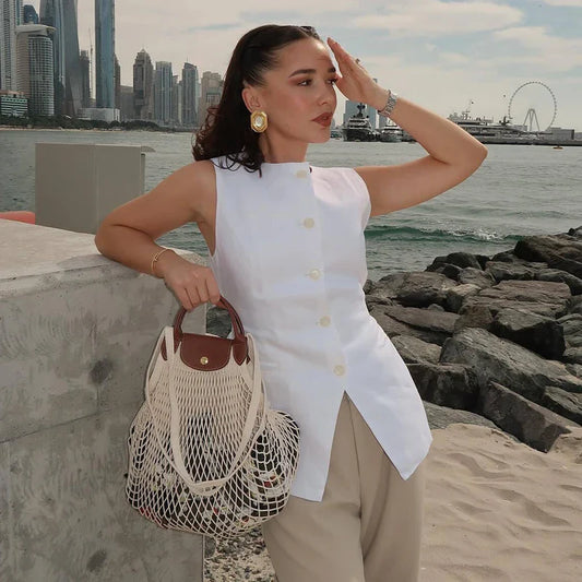 Sleeveless Tailored Vest – Summer Suiting Button Waistcoat | Meave & Ivy