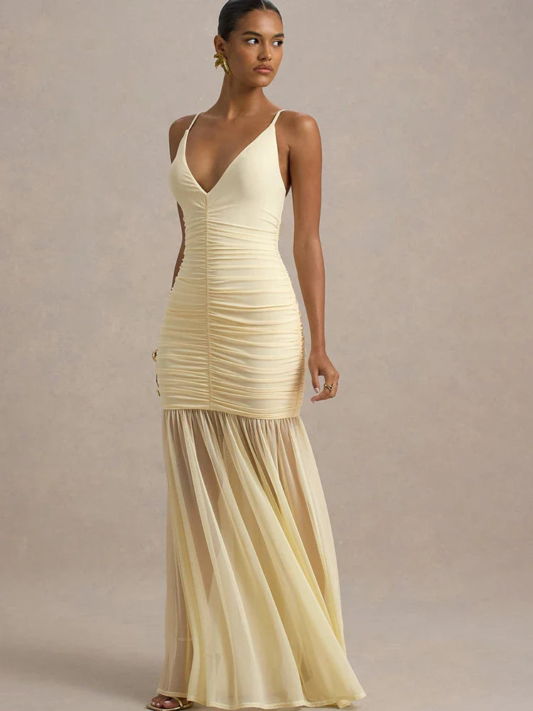 Yellow Patchwork Maxi Dress – V-Neck Backless Summer Gown | Meave & Ivy