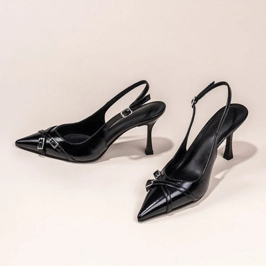 Black Pointed Stiletto Court Shoe – Buckle Strap Heel | Meave & Ivy