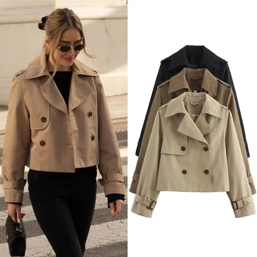 Khaki Cropped Trench Coat – Vintage-Inspired Statement Jacket | Meave & Ivy