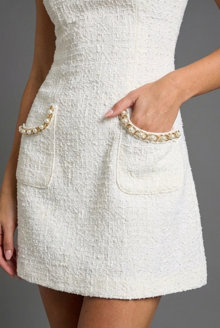 Pearl Trim Tweed Mini Dress - Cocktail Party Statement Dress | Meave & Ivy