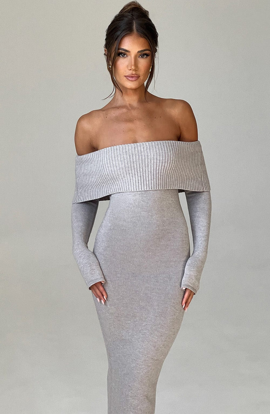 Grey Bardot Knit Maxi Dress – Elegant Bodycon Evening Dress | Meave & Ivy