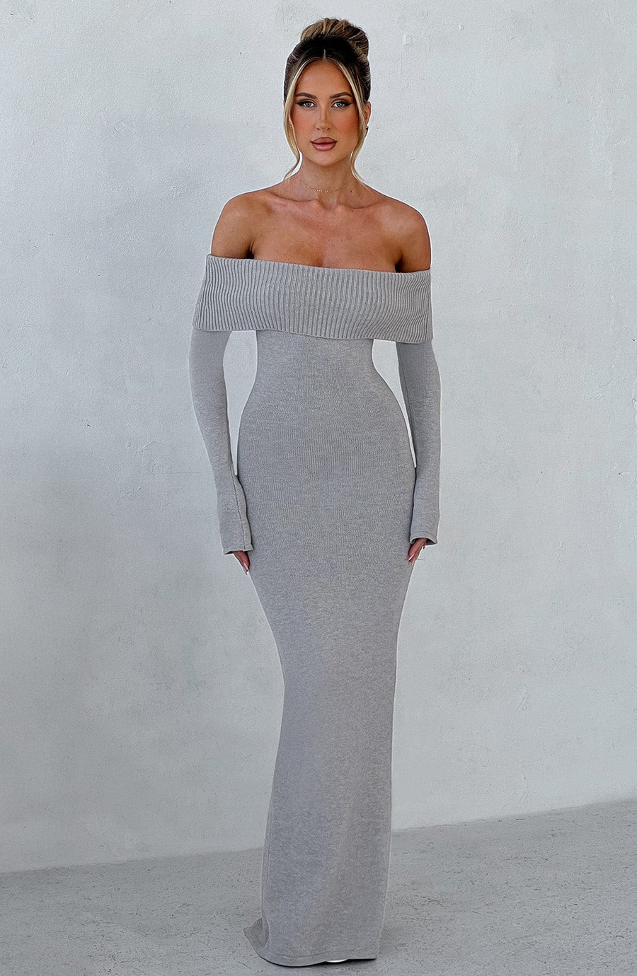 Grey Bardot Knit Maxi Dress – Elegant Bodycon Evening Dress | Meave & Ivy