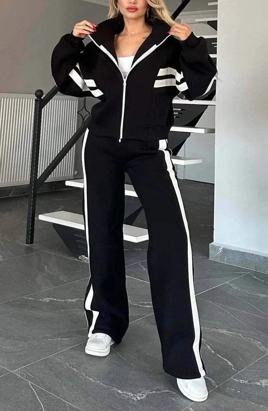 Striped Co-Ord Set – Zip Jacket & Wide-Leg Trousers | Meave & Ivy