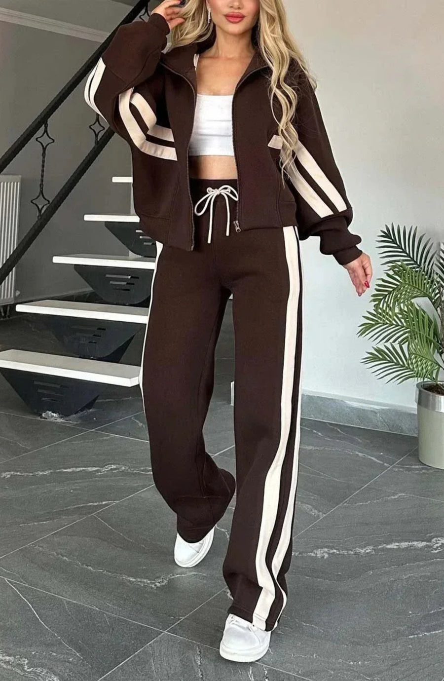 Striped Co-Ord Set – Zip Jacket & Wide-Leg Trousers | Meave & Ivy