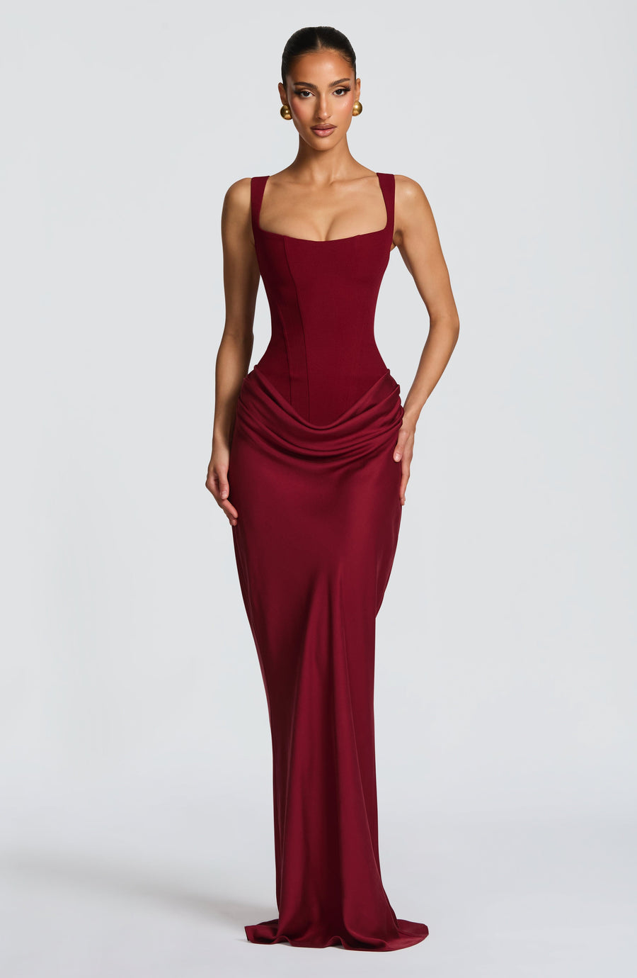 Burgundy Draped Maxi Dress – Elegant Evening Gown | Meave & Ivy