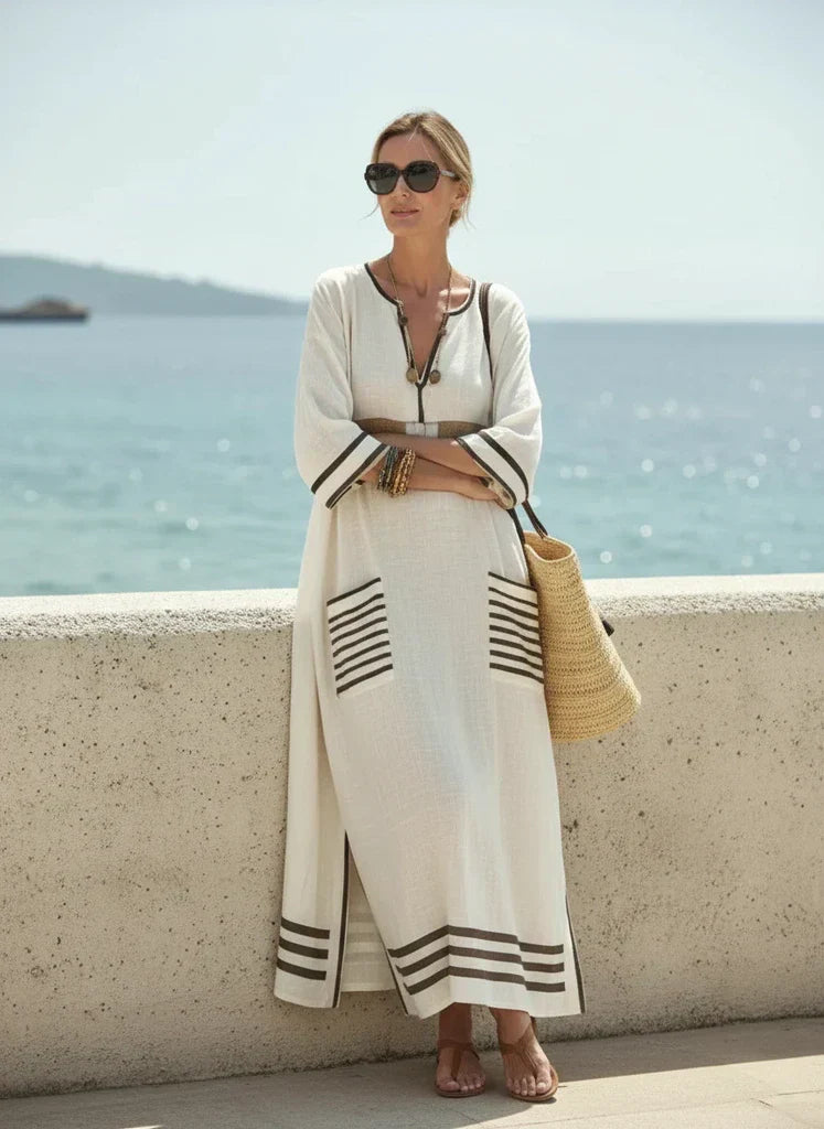 Linen Kaftan Maxi Dress – Striped V-Neck Casual Dress | Meave & Ivy