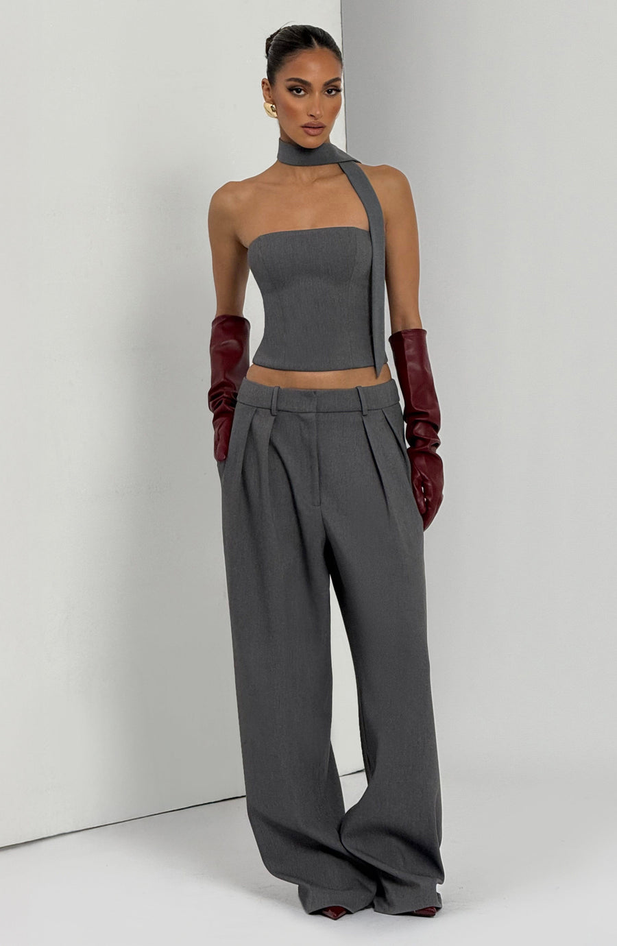 Grey Marl High-Waist Wide-Leg Tailored Trousers | Meave & Ivy
