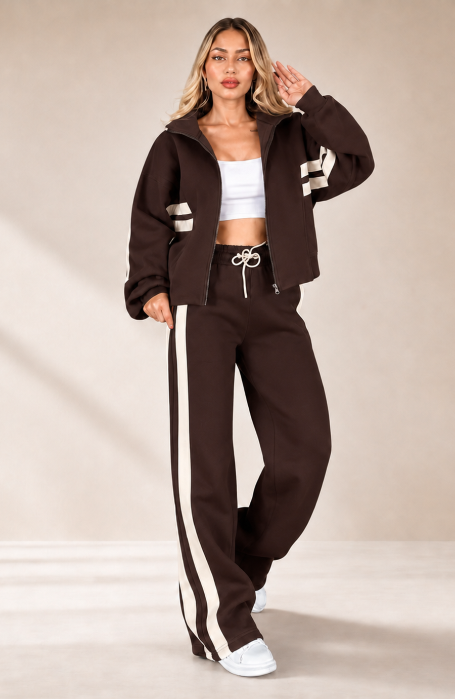 Striped Co-Ord Set – Zip Jacket & Wide-Leg Trousers | Meave & Ivy
