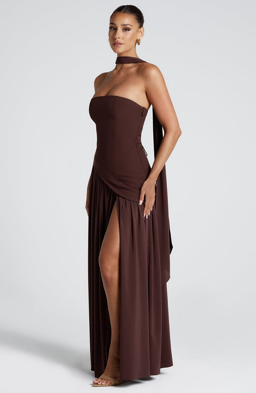 Plum Brown Chiffon Maxi Dress – Elegant Evening Gown | Meave & Ivy