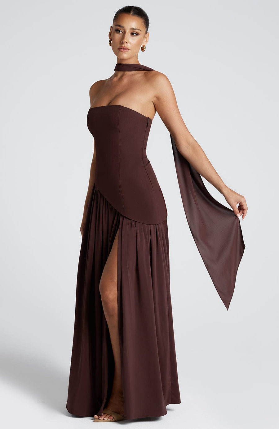 Plum Brown Chiffon Maxi Dress – Elegant Evening Gown | Meave & Ivy
