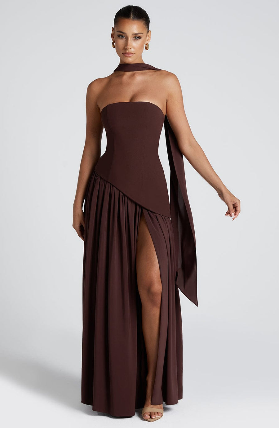 Plum Brown Chiffon Maxi Dress – Elegant Evening Gown | Meave & Ivy