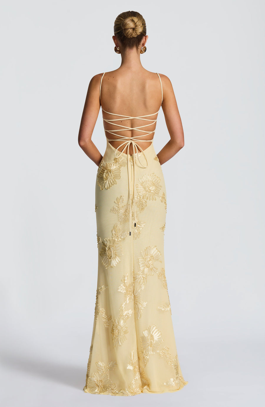 Yellow Floral Appliqué Corset Maxi Dress – Statement Gown | Meave & Ivy