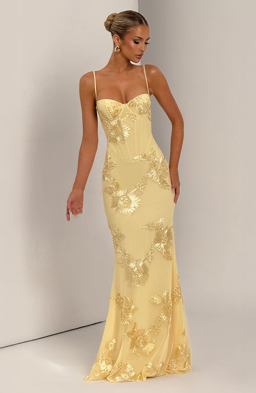 Yellow Floral Appliqué Corset Maxi Dress – Statement Gown | Meave & Ivy