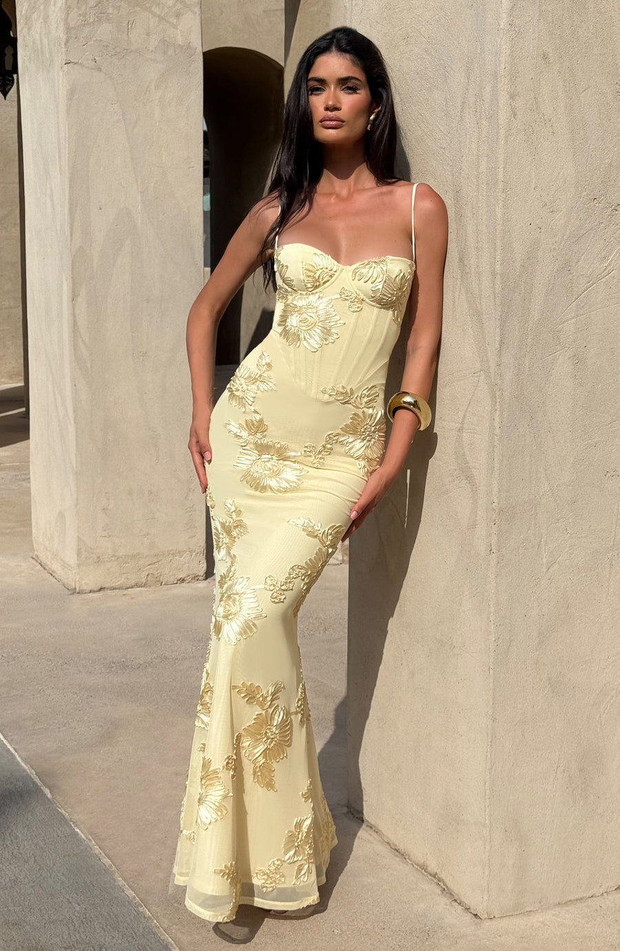 Yellow Floral Appliqué Corset Maxi Dress – Statement Gown | Meave & Ivy