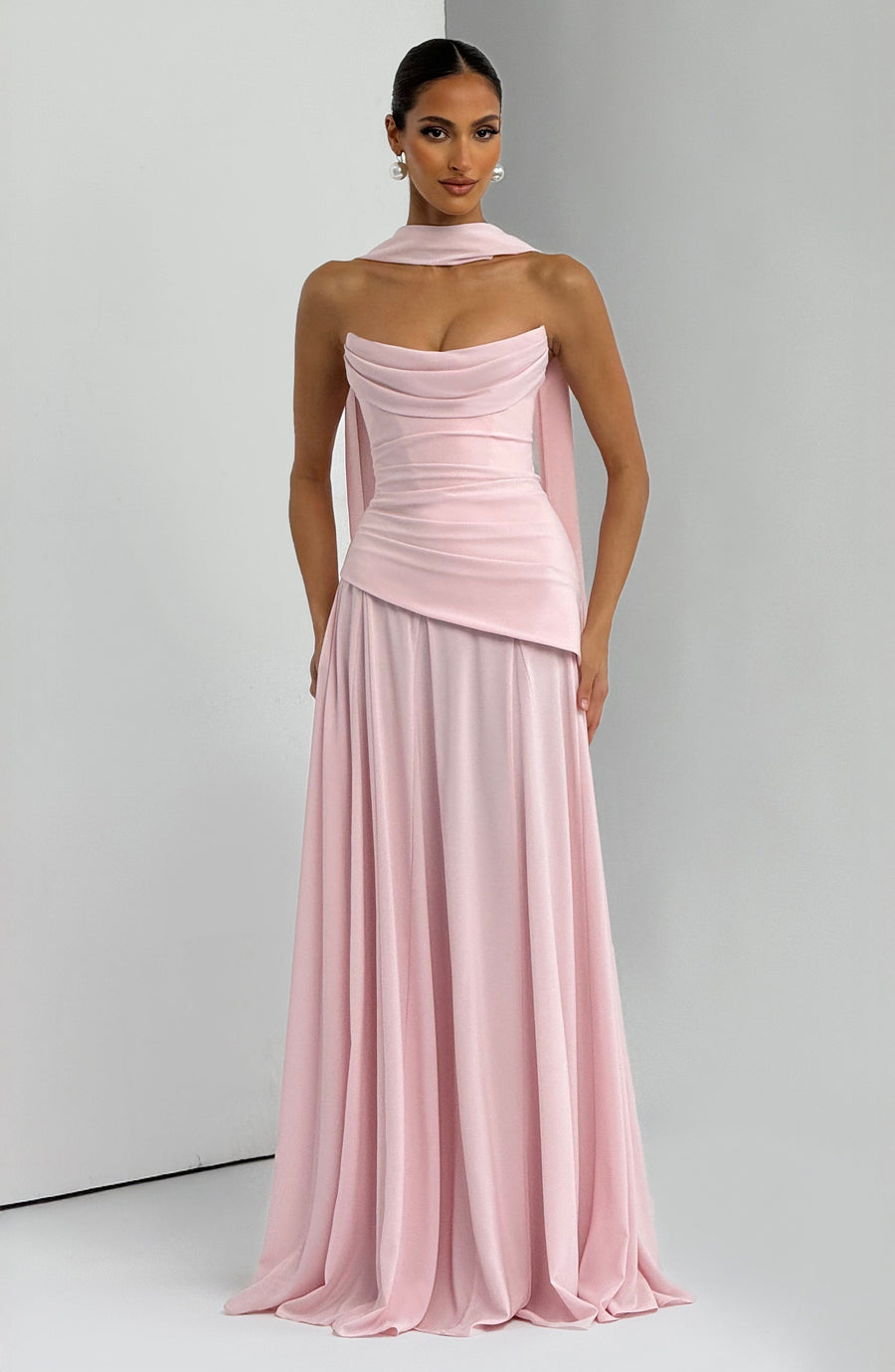 Blush Pink Draped Maxi Dress – Elegant Evening Gown | Meave & Ivy