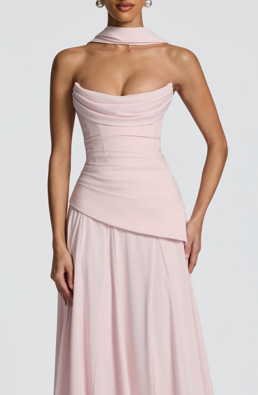 Blush Pink Draped Maxi Dress – Elegant Evening Gown | Meave & Ivy