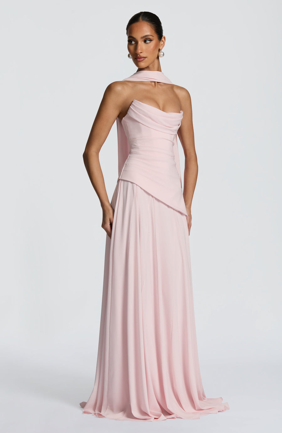 Blush Pink Draped Maxi Dress – Elegant Evening Gown | Meave & Ivy