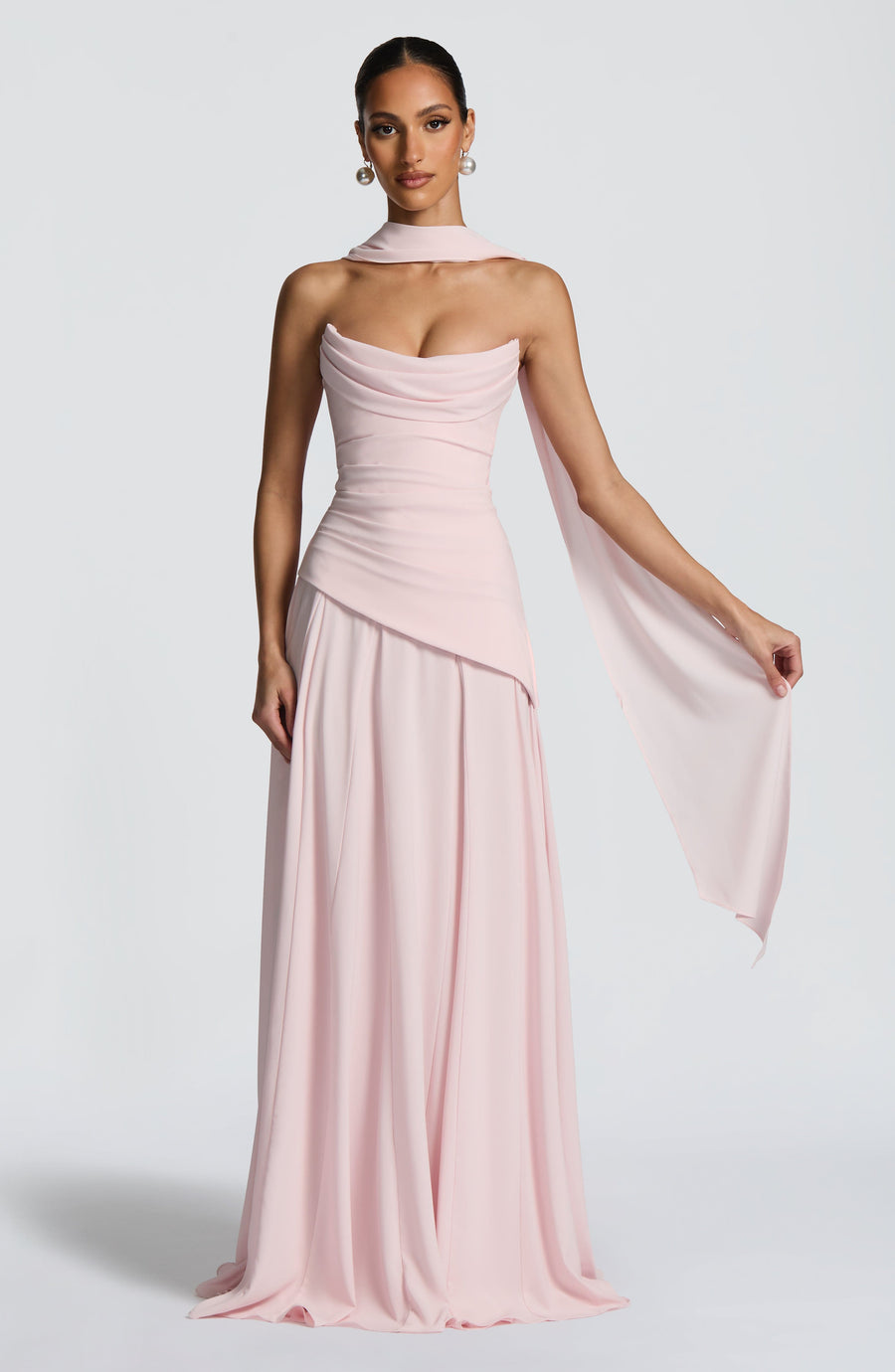 Blush Pink Draped Maxi Dress – Elegant Evening Gown | Meave & Ivy