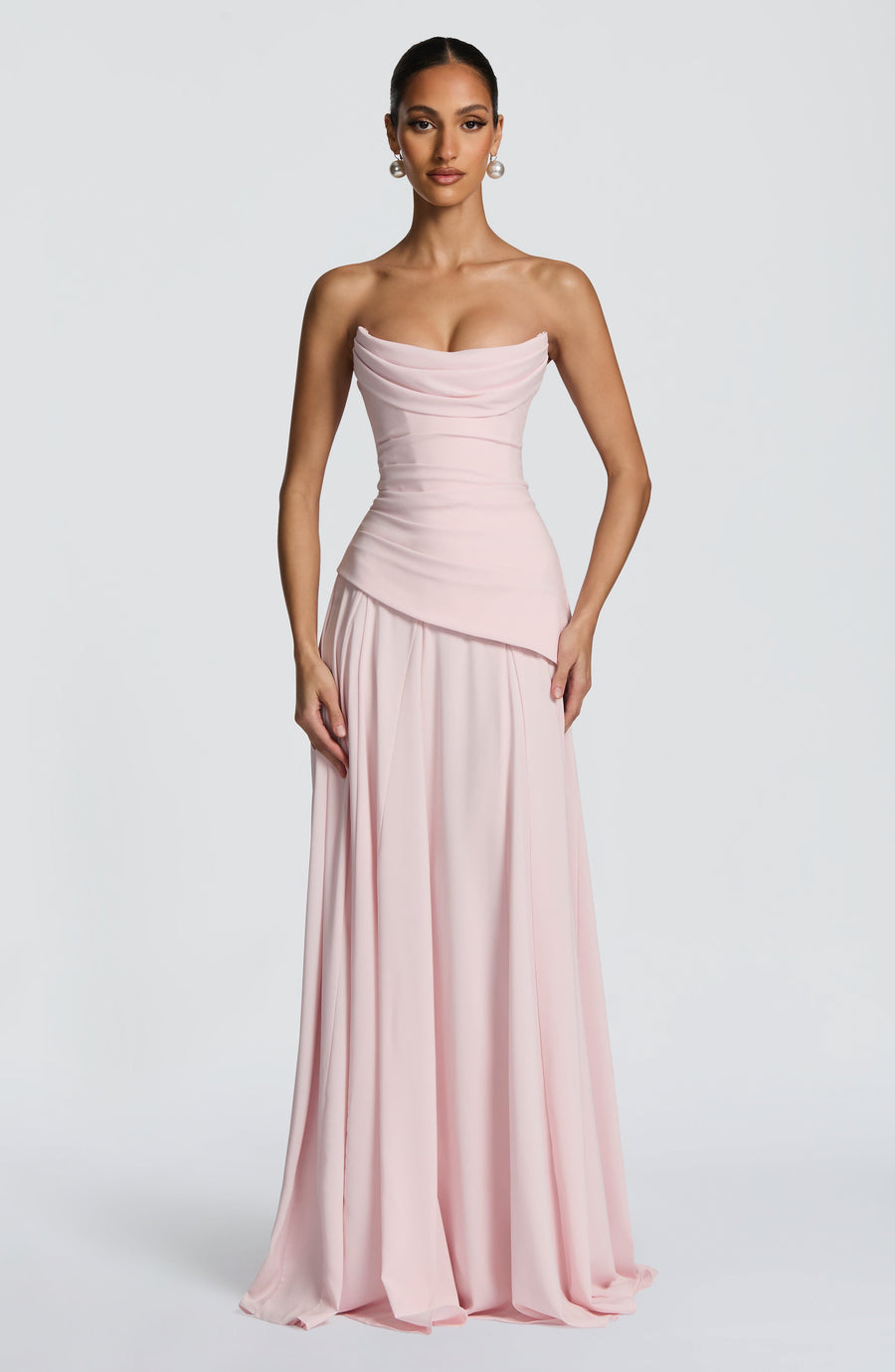 Blush Pink Draped Maxi Dress – Elegant Evening Gown | Meave & Ivy
