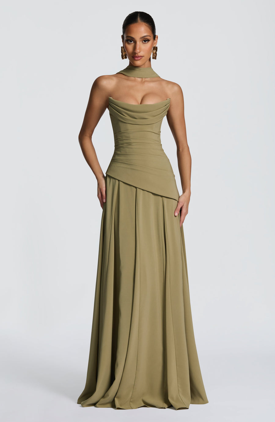 Ruched Halter Neck Maxi Dress - Formal Evening Gown