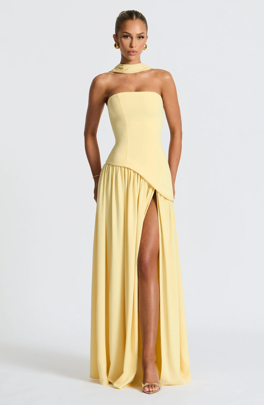 Corset Bustier Maxi Dress – Scarf Detail High-Split Evening Gown | Meave & Ivy