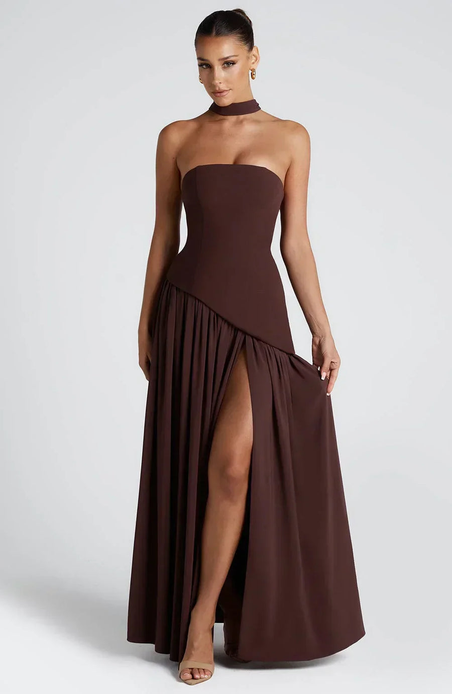 Corset Bustier Maxi Dress – Scarf Detail High-Split Evening Gown | Meave & Ivy