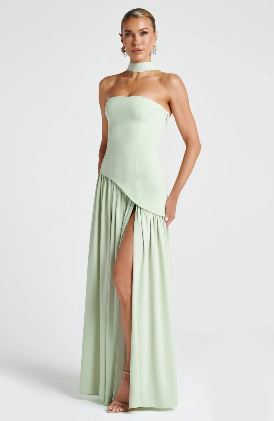 Corset Bustier Maxi Dress – Scarf Detail High-Split Evening Gown | Meave & Ivy
