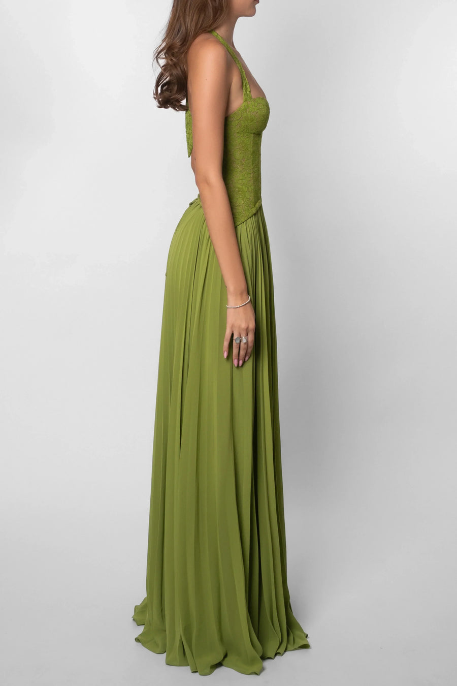 Green Pleated Corset Maxi Dress – Elegant Evening Gown | Meave & Ivy