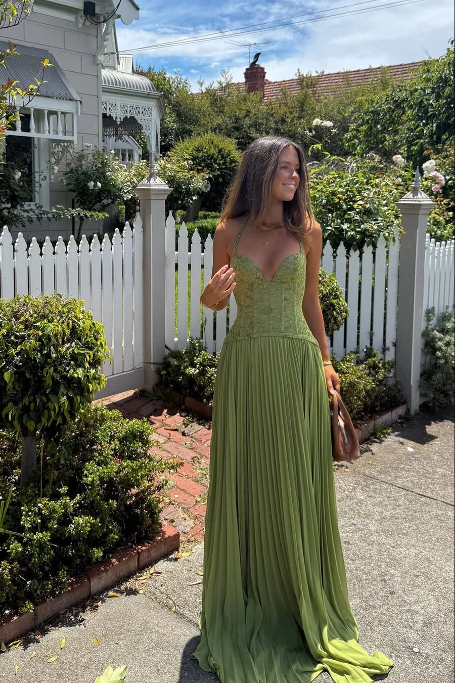 Green Pleated Corset Maxi Dress – Elegant Evening Gown | Meave & Ivy