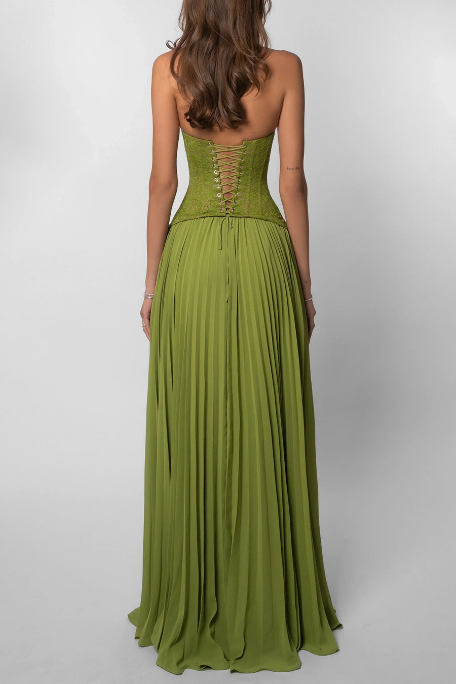 Green Pleated Corset Maxi Dress – Elegant Evening Gown | Meave & Ivy
