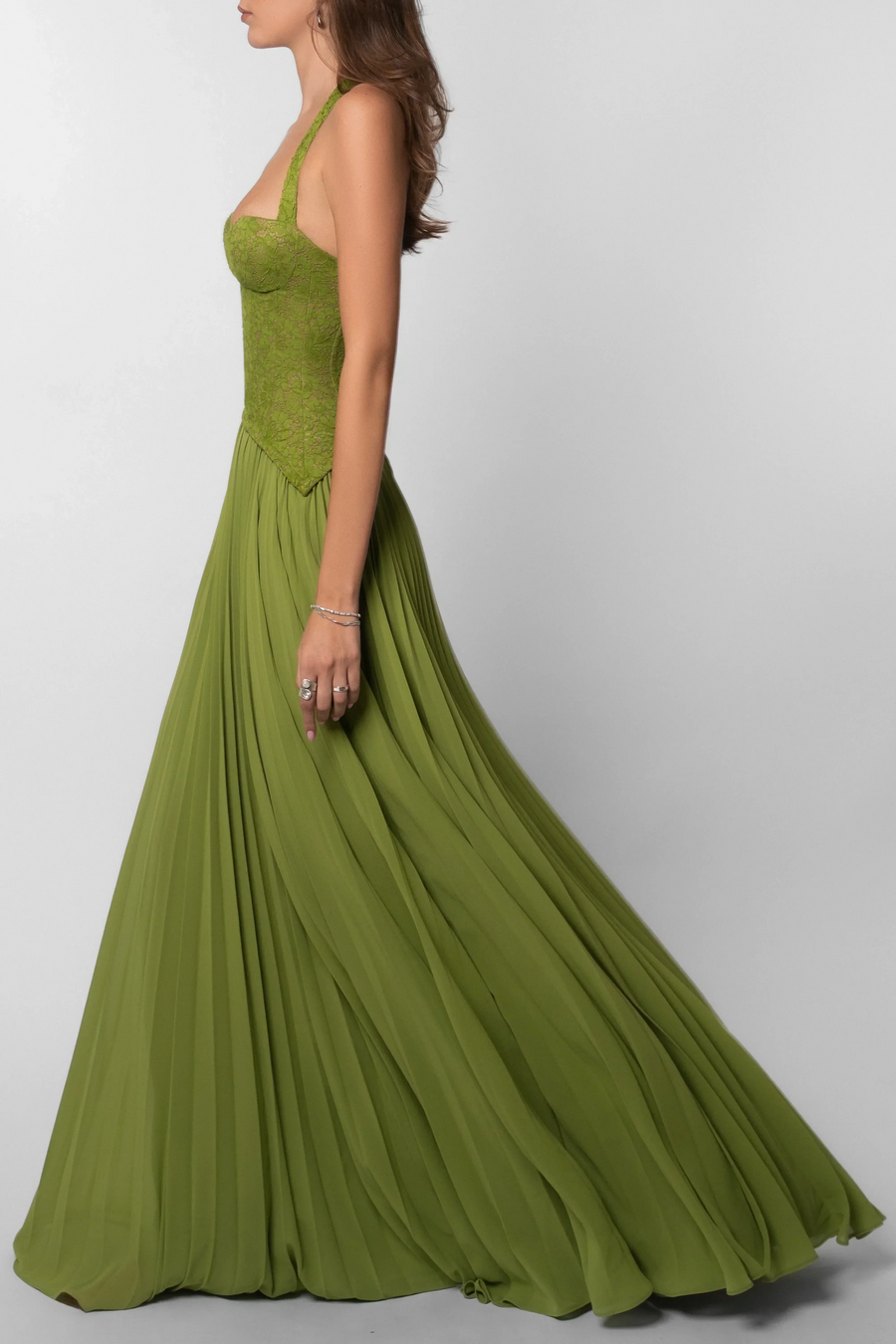 Green Pleated Corset Maxi Dress – Elegant Evening Gown | Meave & Ivy