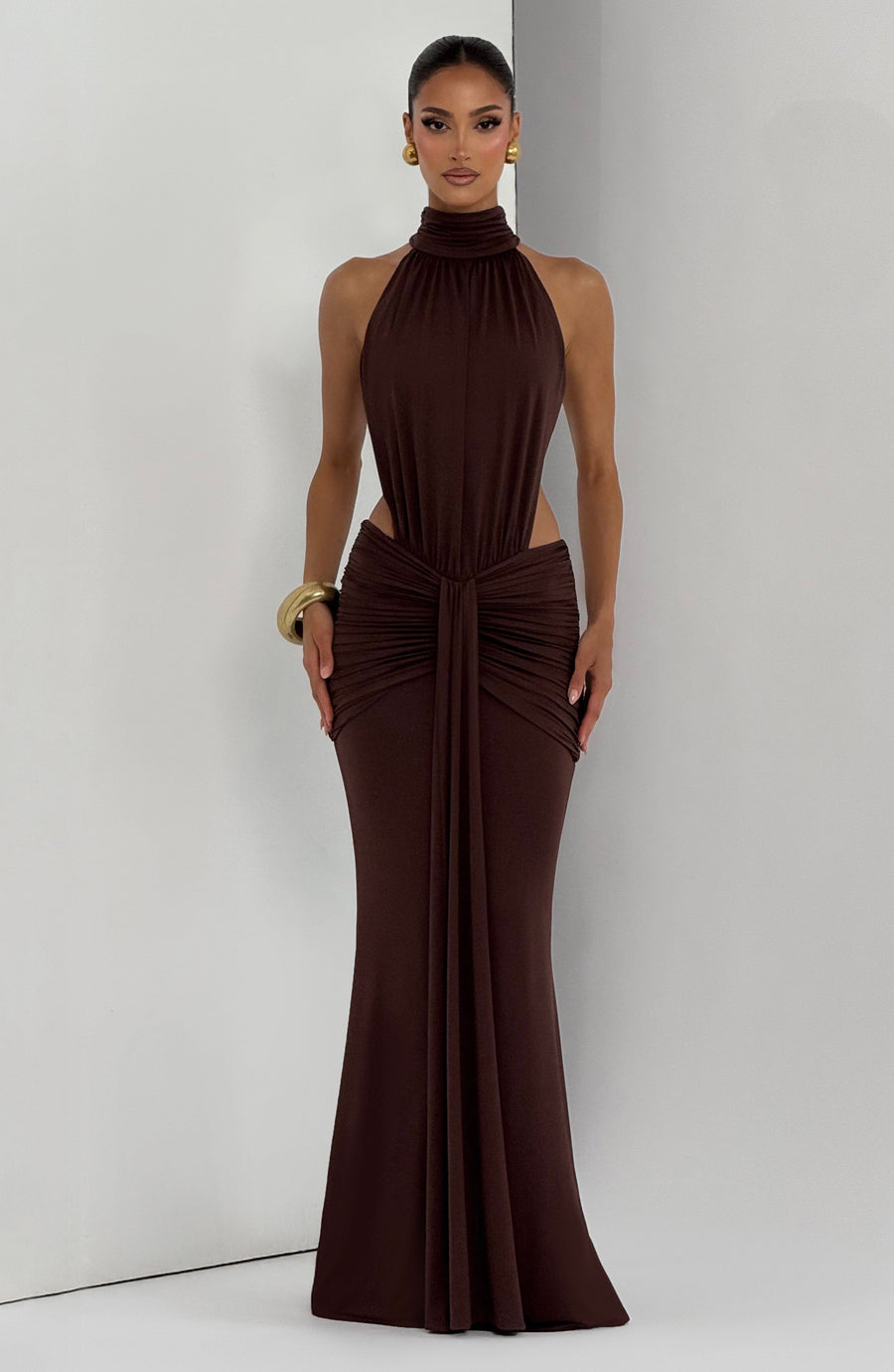 Plum Brown Ruched Mermaid Dress – Train Evening Gown | Meave & Ivy